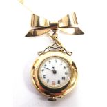 A LADY'S EARLY 20TH CENTURY FOB WATCH stamped '0.755' and '18c', with an enamel dial housing an