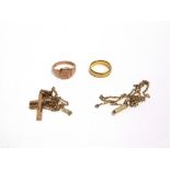 A 22 CARAT GOLD WEDDING RING 5g gross; with a 9 carat gold signet ring; a cross pendant on a