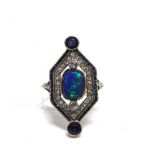 AN OPAL TRIPLET DIAMOND AND SAPPHIRE PANEL RING the oval cabochon with an old brilliant cut above