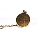 AN 1858 SHIELD BACK HALF SOVEREIGN in a 9 carat gold pendant mount, on a chain, 6.8g gross