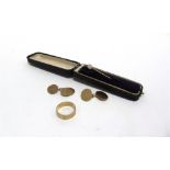 A PAIR OF 9 CARAT GOLD CUFFLINKS a wedding ring stamped '9ct'; and an opal stickpin; cased; 9.1g