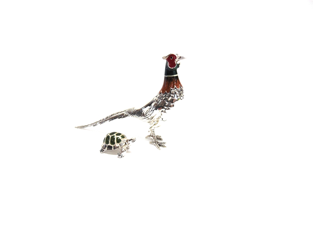 A SATURNO PLATED AND ENAMELLED MODEL OF A PHEASANT 13.7cm long; and a small Saturno plated and - Image 2 of 2