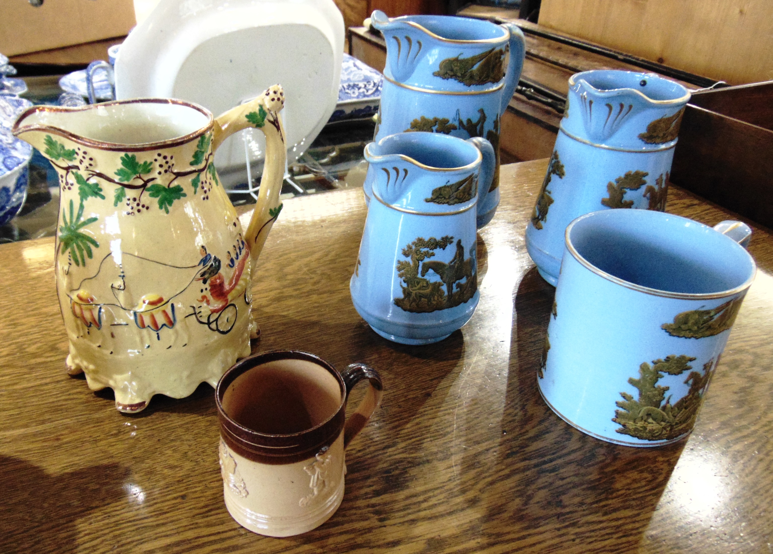 A COLLECTION OF VICTORIAN PRATTWARE decorated with hunting scenes on a turquoise ground, including a - Image 3 of 3