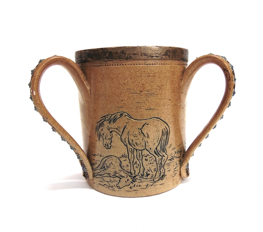 HANNAH BARLOW FOR DOULTON LAMBETH: a large silver-mounted three-handled tyg, hallmarked London 1878, - Image 3 of 5