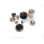 A TORTOISESHELL PIQUEWORK CIRCULAR TRINKET BOX 6cm diameter; a small glass silver mounted hair tidy;