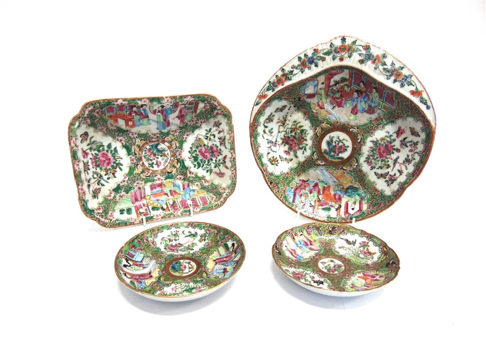 A GROUP OF CHINESE CANTON PORCELAIN decorated in the famille verte pallette, comprising a scallop