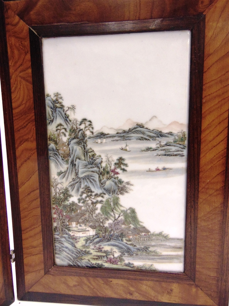 A PAIR OF CHINESE PORCELAIN PLAQUES enamelled with landscape scenes, held in a wooden frame, each - Image 3 of 3