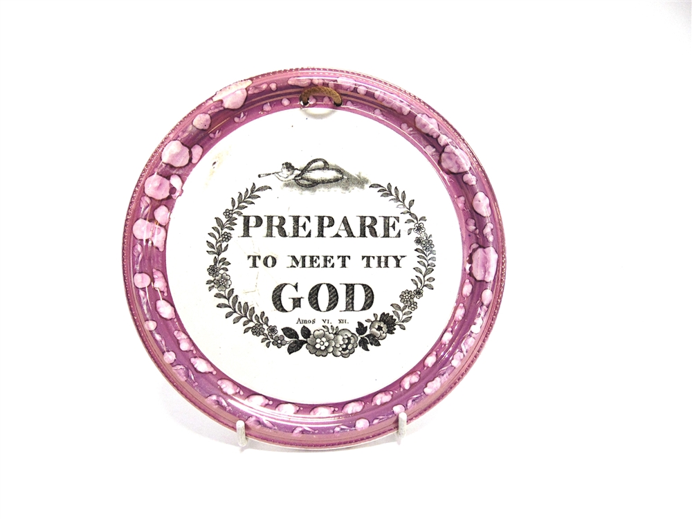 A VICTORIAN SUNDERLAND LUSTRE CIRCULAR WALL PLAQUE 'Prepare to Meet thy God', 19cm diameter