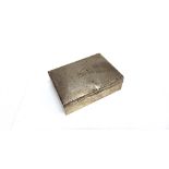 A SILVER CIGARETTE BOX wooden lined, engine turned decoration and inscribed, 12.7cm long