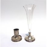 A GLASS TRUMPET BUD VASE to a loaded silver base, by Deakin & Deakin, Chester, circa 1905, date