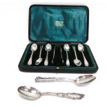 A CASED SET OF SIX BEAD PATTERN TEASPOONS WITH TONGS London 1908; with two American spoons,
