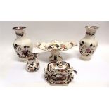 FIVE ITEMS OF MASONS 'MANDALAY' CERAMICS including a pair of vases, comporte, tureen and cover on