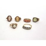 A COLLECTION OF SIX 9 CARAT GOLD STONE SET RINGS 19g gross