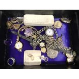 A VICTORIAN JEWELLERY BOX containing a few jewellery items including; a pearl set stickpin, cased;