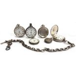 A SILVER HUNTER CASED POCKETWATCH on a watch chain; with two silver open faced pocketwatches; a