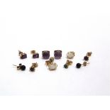 A COLLECTION OF SIX SINGLE STONE SET EARSTUDS including ruby; opal; amethyst; and onyx; 5.3g gross
