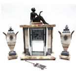 AN ART DECO THREE PIECE MARBLE AND CHROME MOUNTED CLOCK GARNITURE the clock with 8-day movement