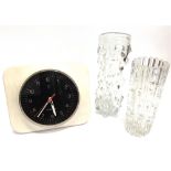 TWO SKLO UNION GLASS VASES 31cm and 25cm high, and a Phillips quartz movement wall clock