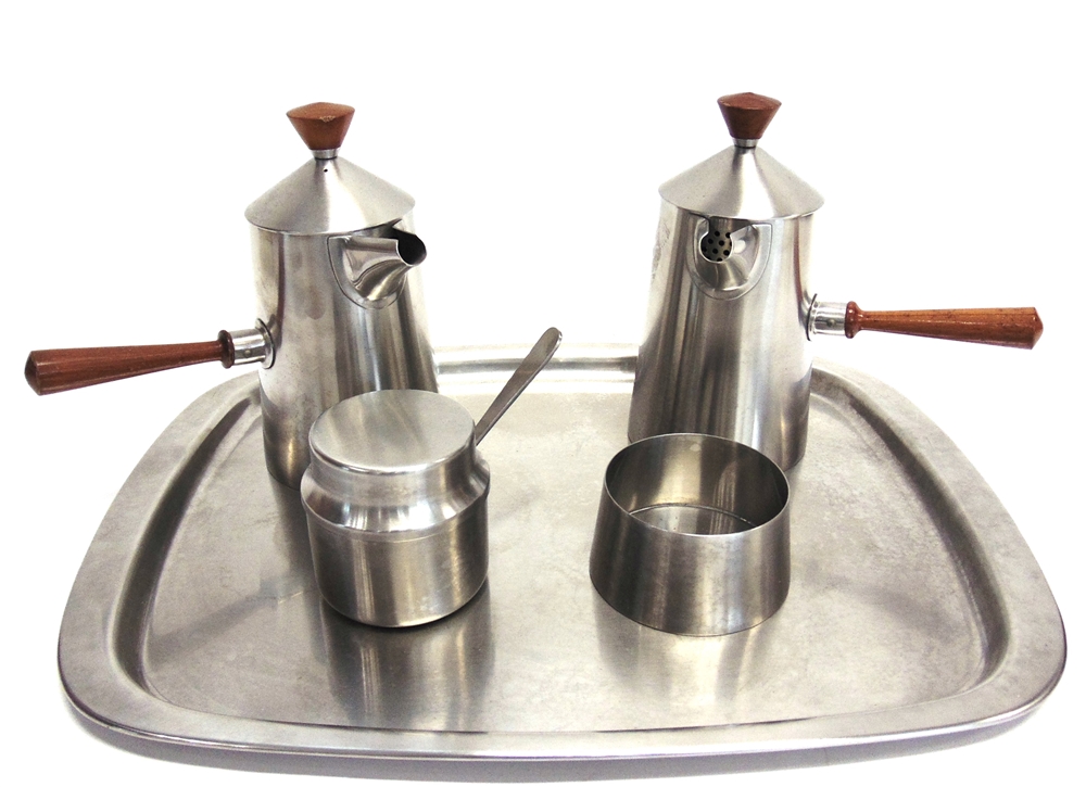 ROBERT WELCH FOR OLD HALL: a stainless steel 'Campden' pattern cafe au lait set on tray