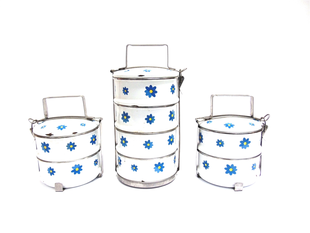 THREE FRENCH ENAMEL 'TIFFIN' STYLE STACKING CONTAINERS with floral decoration