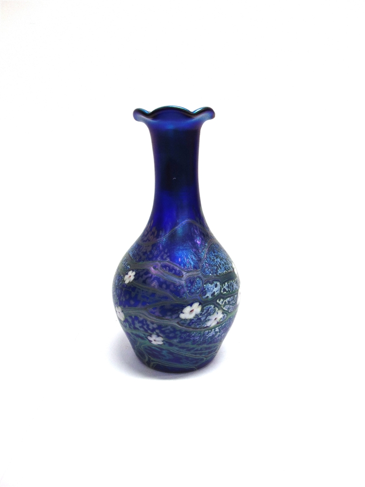 AN OKRA IRIDESCENT ART GLASS VASE with floral decoration, etched signature to base, 21cm high