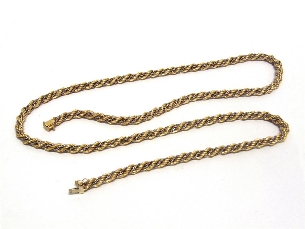 A CHAIN stamped '750', of hollow rope links wrapped with a white box link chain, 91.5cm long, 70g