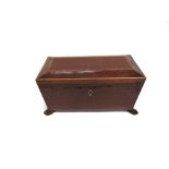 A VICTORIAN TEA CADDY OF SARCOPHAGUS FORM the fitted interior with twin compartments and glass bowl,