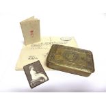 A GREAT WAR PRINCESS MARY CHRISTMAS 1914 BRASS GIFT TIN with original card and printed portrait;