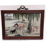 A CHINESE PORCELAIN PLAQUE polychrome enamelled with a coastal landscape scene with eight horses,