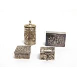 A METALWARE PEPPER POT possibly Indian; a square box with pull off cover; a metal matchbox holder;