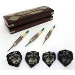 A SET OF THREE DARTS with sterling silver bodies, sleeved over brass, in a wooden fitted case