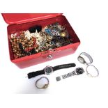 A BRACELET WITH CHARMS ATTACHED with a quantity of assorted costume jewellery and watches; in a