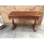 A VICTORIAN MAHOGANY SIDE TABLE with two frieze drawers, on lyre shaped supports with shaped