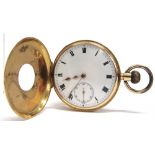 ANONYMOUS, A GOLD HALF HUNTER POCKETWATCH stamped '18k', the white enamel dial with black Roman