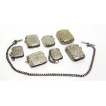 A COLLECTION OF SIX SILVER VESTA CASES a plated example; and a silver watch chain of uniform curb