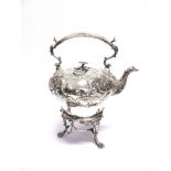 A GEORGIAN STYLE SILVER SPIRIT KETTLE the inverted baluster body with embossed decoration, crested