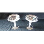 A PAIR OF GLASS TAZZA with engraved decoration and air twist stems, 14.5cm high
