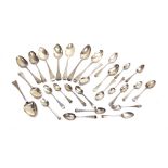 A COLLECTION OF OLD ENGLISH PATTERN SILVER SPOONS by various makers and dates, all antique,