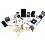 A QUANTITY OF COSTUME JEWELLERY AND SOME SILVER JEWELLERY with some crown coins also