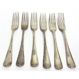 A SET OF SIX SILVER OLD ENGLISH PATTERN DINNER FORKS by J Round, Sheffield 1903, 20cm long, 395g (