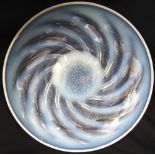 A RENE LALIQUE 'POISSONS' OPALESCENT GLASS CHARGER moulded with fish and bubbles, acid etched 'R