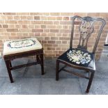 A MAHOGANY DRESSING STOOL with tapestry upholstered drop-in seat, blind fret carved frieze on square