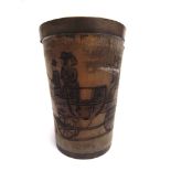 FOLK ART - AN INCISED HORN BEAKER decorated with a stage coach and team of four hourses passing