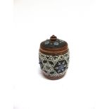 A VICTORIAN DOULTON SLATERS PATENT LIDDED JAR with relief decoration, moulded 'SAMUEL GREY XMAS