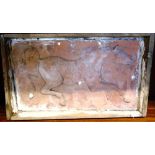 A TERRACOTTA PLAQUE relief decorated with a galloping horse, 44cm x 26cm