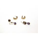 A PAIR OF AMETHYST CHAIN DROP EARRINGS to hook wires; with a pair of 9 carat gold hoop earrings, 1.