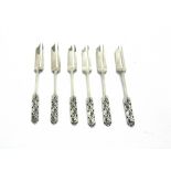 A MATCHED SET OF SIX LIBERTY & CO SILVER AND ENAMEL CAKE FORKS Birmingham, three 1935 and three