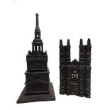 TWO CAST METAL MONEY BOXES the first comprising the Independence Hall Tower Bank, with a bronzed