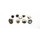 A COLLECTION OF 9 CARAT GOLD RING set with various stones, 32g gross