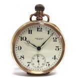 WALTHAM, A 9 CARAT GOLD OPEN FACED POCKETWATCH the white enamel signed dial with black Arabic